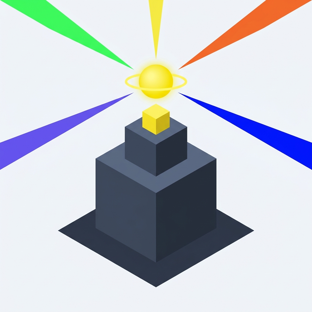 An isometric stepped slate plinth with a yellow trophy cube and radiant crown orb.