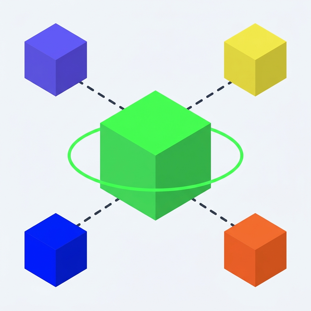 A central neon cube connected to four colored satellite cubes in an isometric cluster.