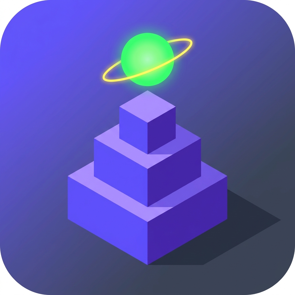 Isometric purple step-pyramid with a neon focus orb, symbolizing intent.