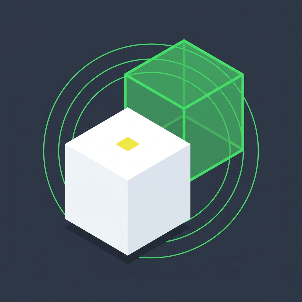 A white isometric cube with a translucent neon ghost cube behind it: the digital shadow.
