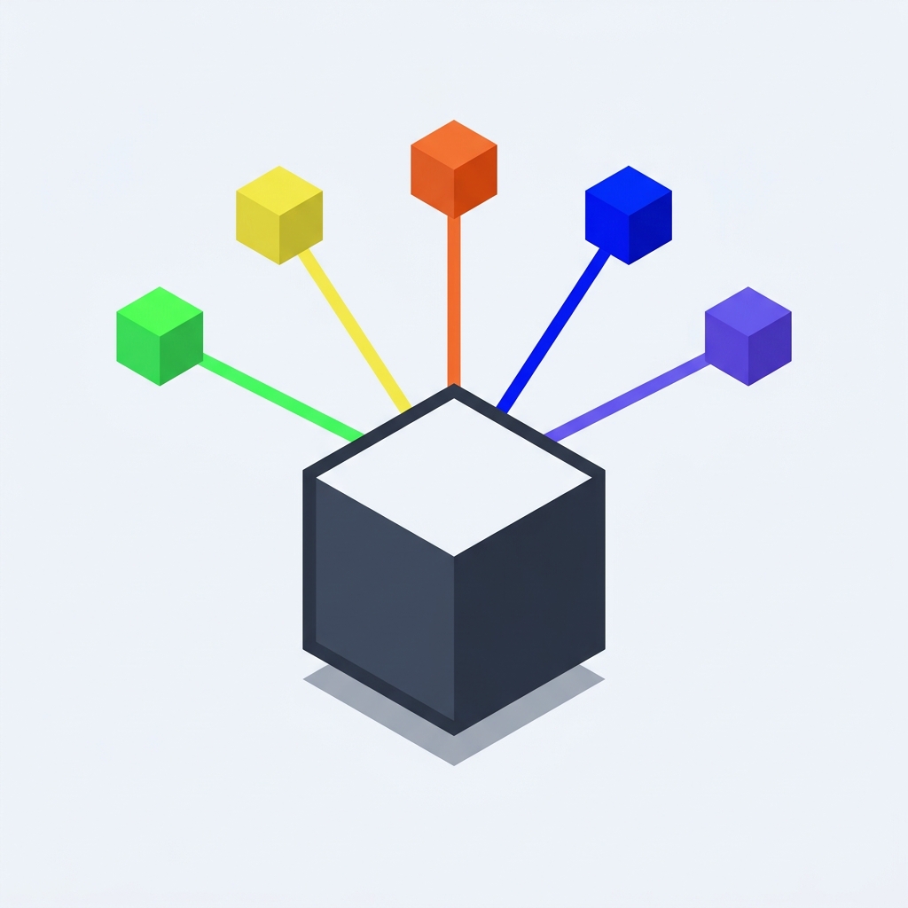 A slate core cube with five colored value cubes radiating upward on beams.
