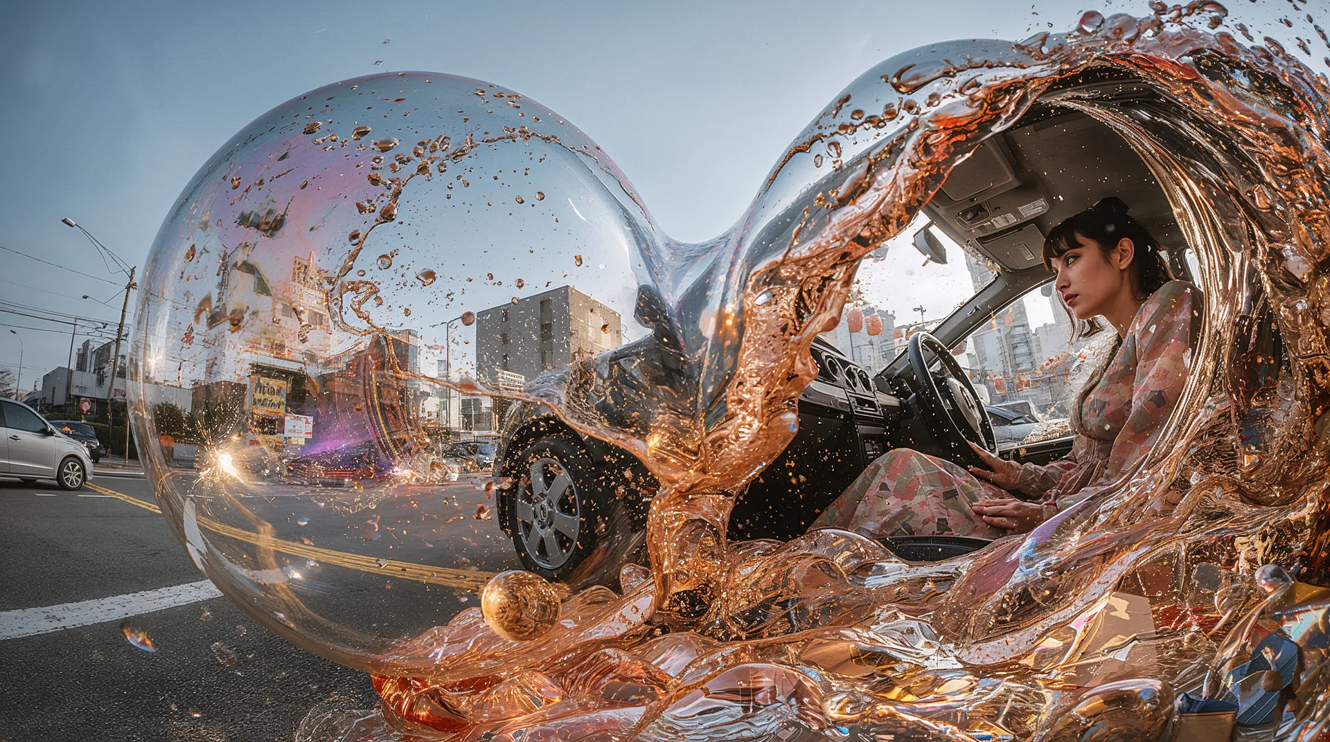 A woman inside a fluid field bending around a city street